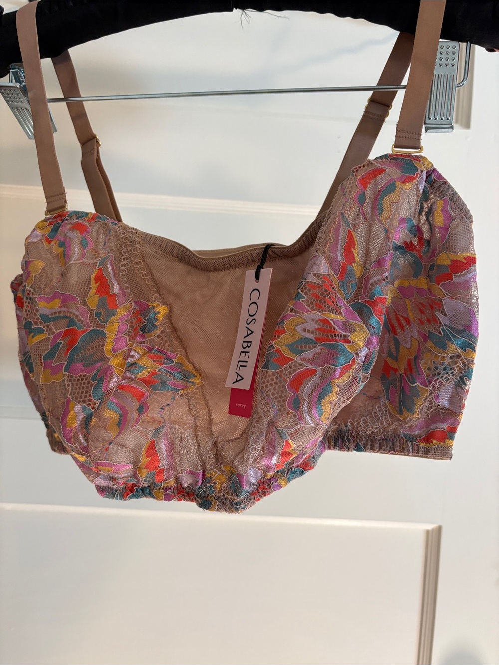 Cosabella beige nude bra with multicolor floral embroidery